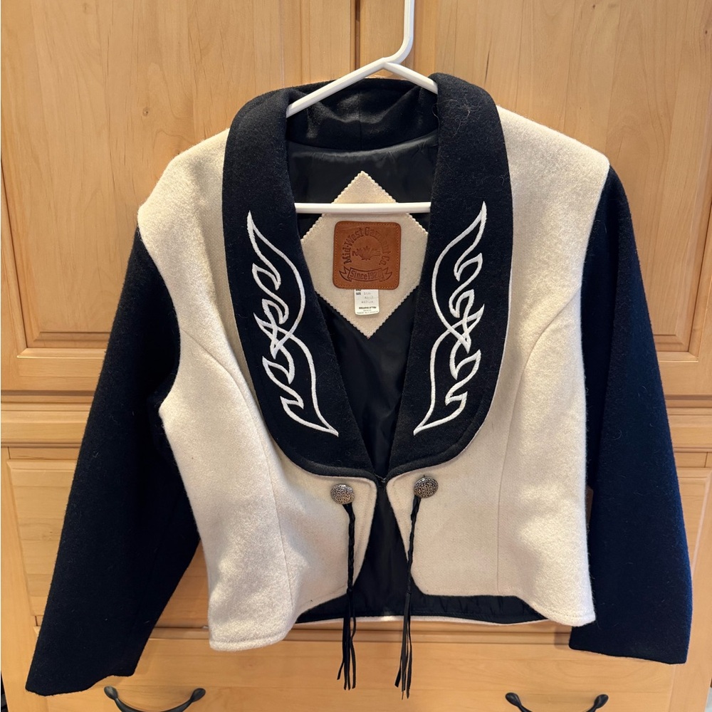 Wool Blend Black & Cream Embroidered Shawl Collar Jacket